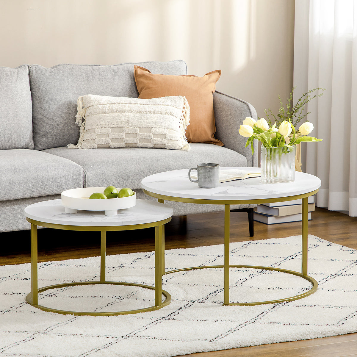 Side table set, 2 nesting tables, Ø74 & Ø59 cm, marble look, gold-colored frame (2)
