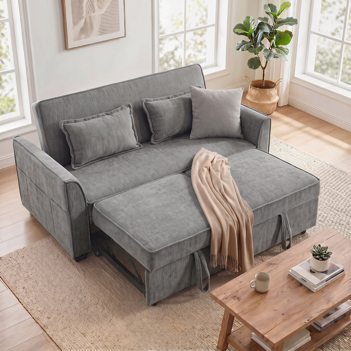 2-seater sleeper sofa, 4-in-1 L-shaped pull-out sofa with adjustable backrest and side pockets, grey (2)