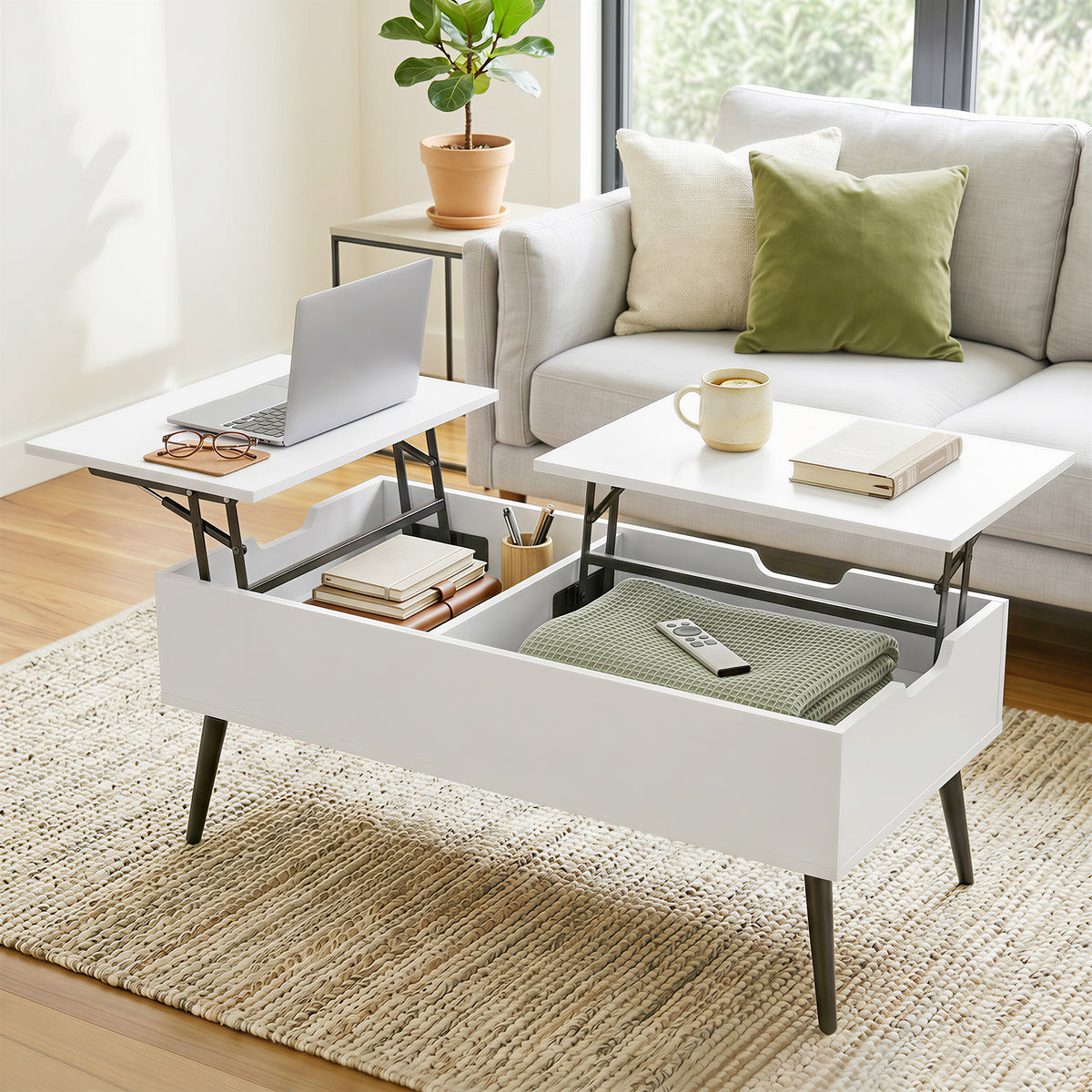Height-Adjustable Coffee Table, Living Room Table with Hidden Storage for Living Room, 50 x 100 cm, White (2)
