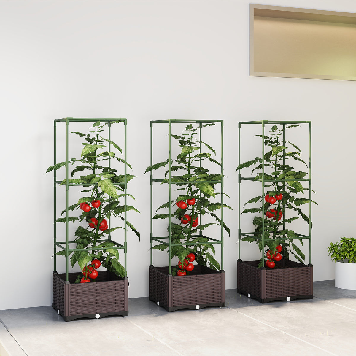 Raised garden bed with trellis, set of 3 planter boxes with drainage holes (2)