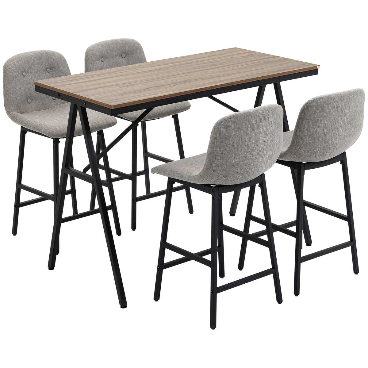 Bar table with bar stools in industrial design, button tufting, 120 cm x 60 cm x 91 cm, light grey