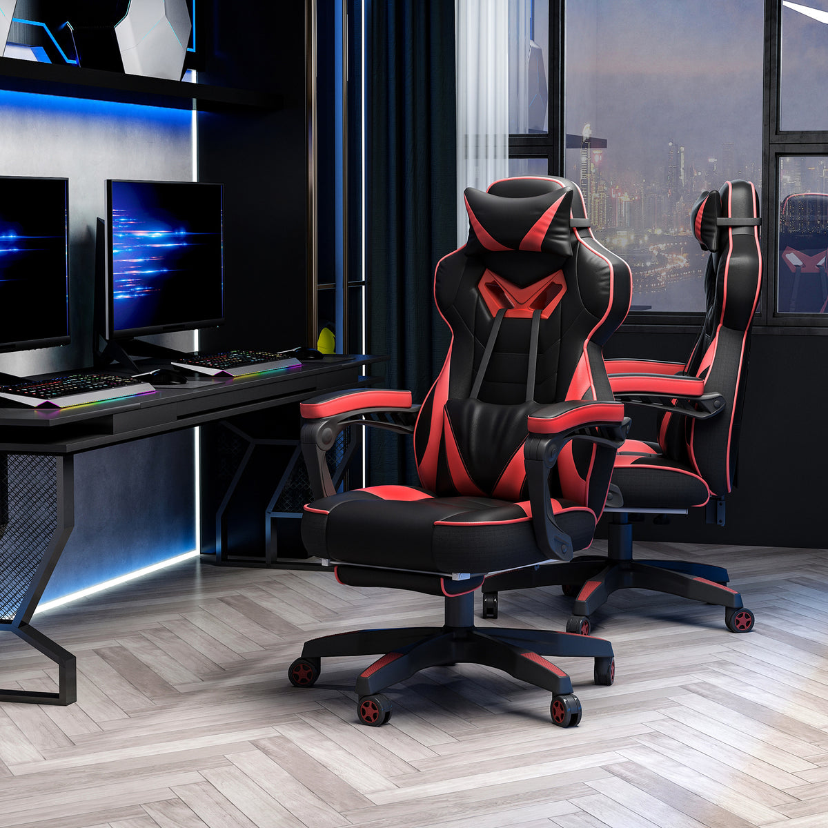 Ergonomic office chair, gaming chair, swivel chair with retractable footrest and adjustable backrest, foam + PU (2)