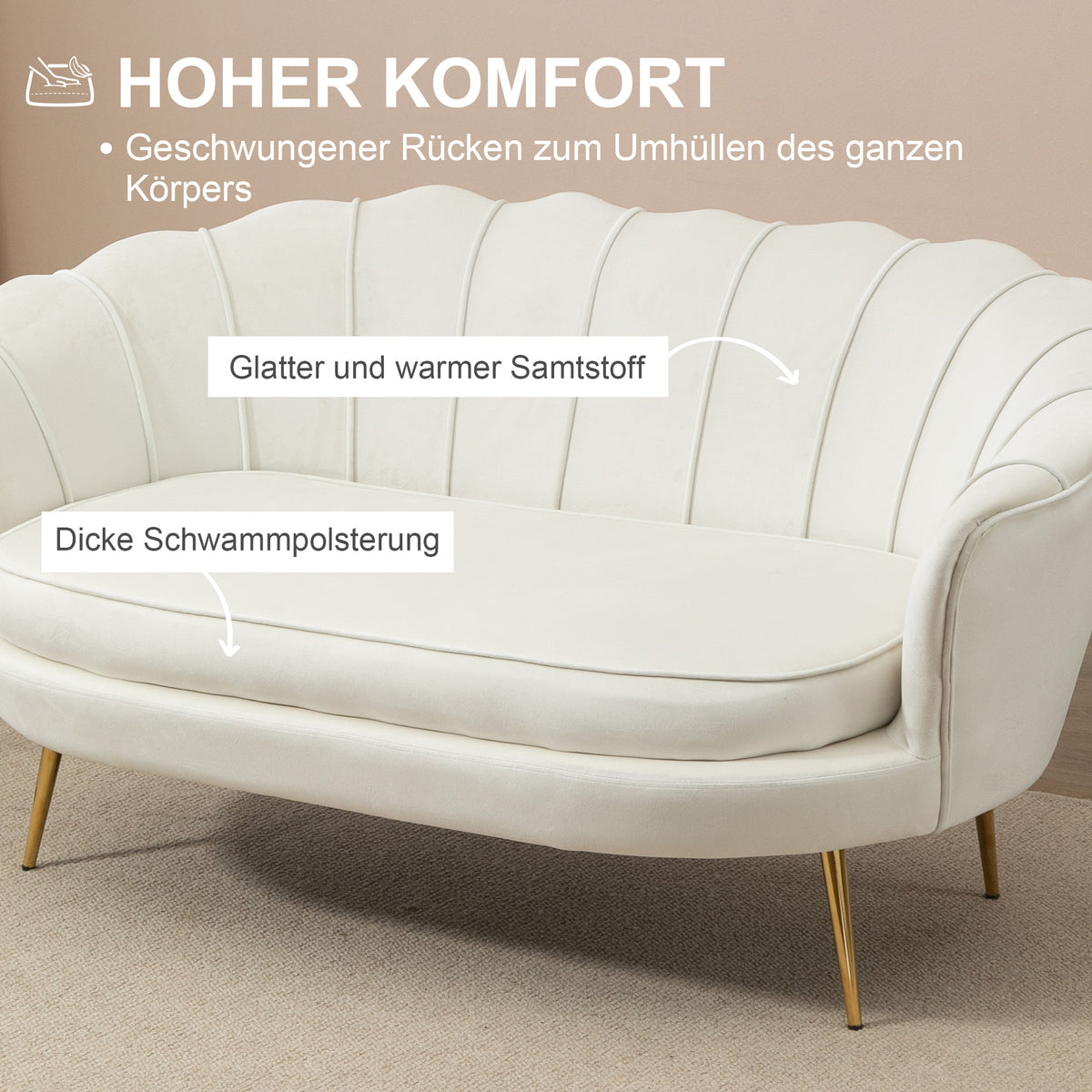 Vintage 2-seater sofa, couch, upholstered furniture, velvet look, up to 150 kg, cream/gold (5)