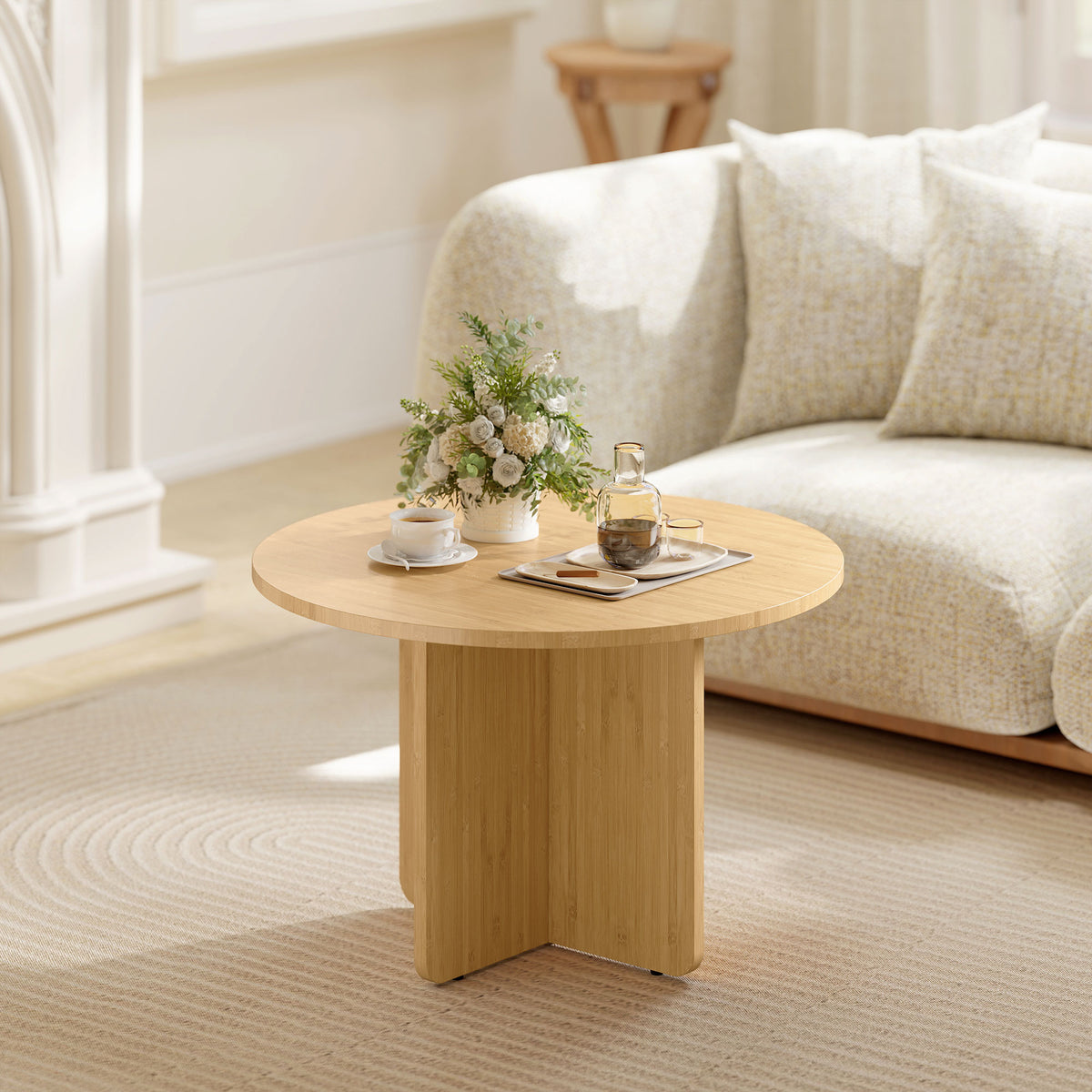 Round coffee table, bamboo living room table with cross-base, natural (2)
