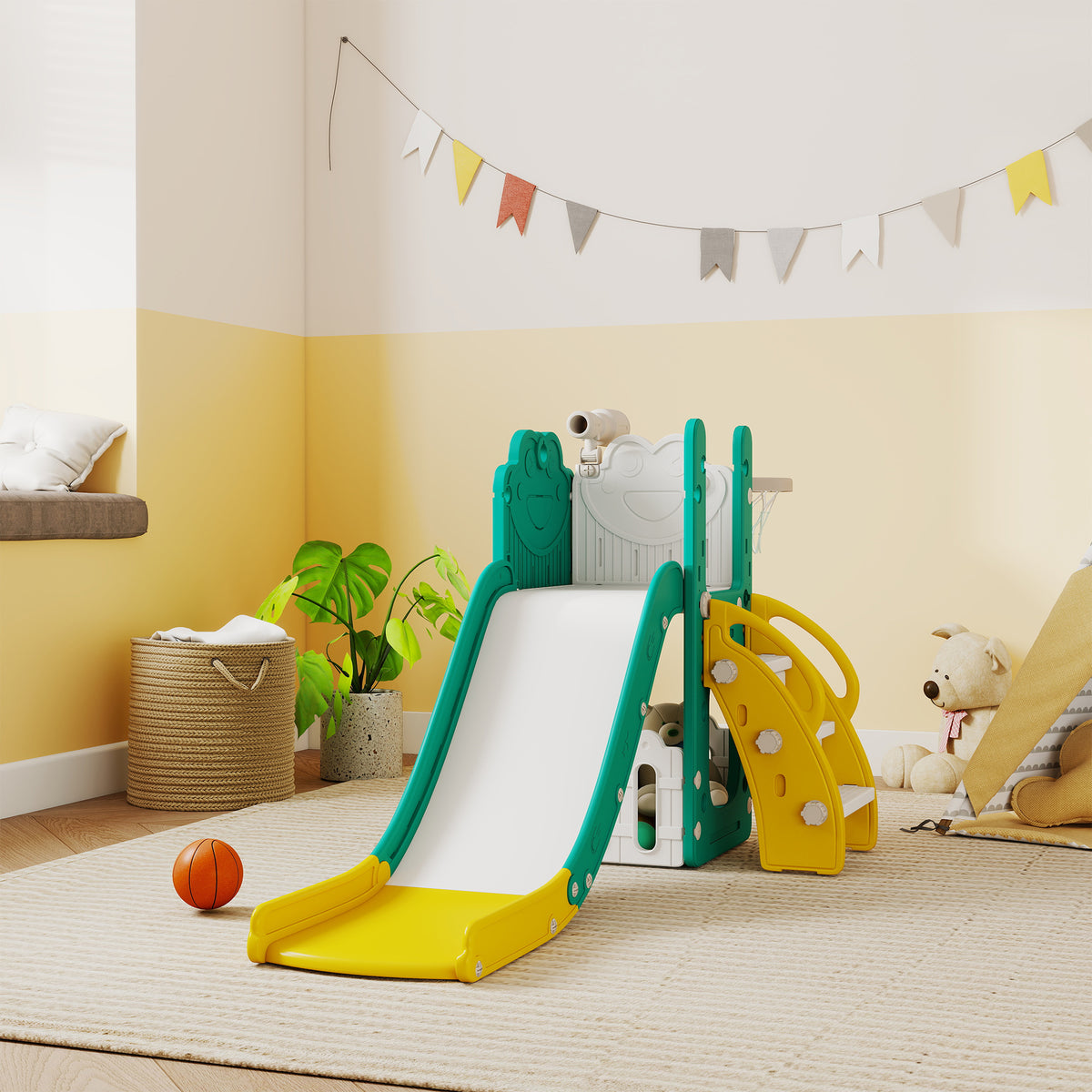 5-in-1 children's slide set, telescope, basketball hoop, plastic, yellow+green (2)