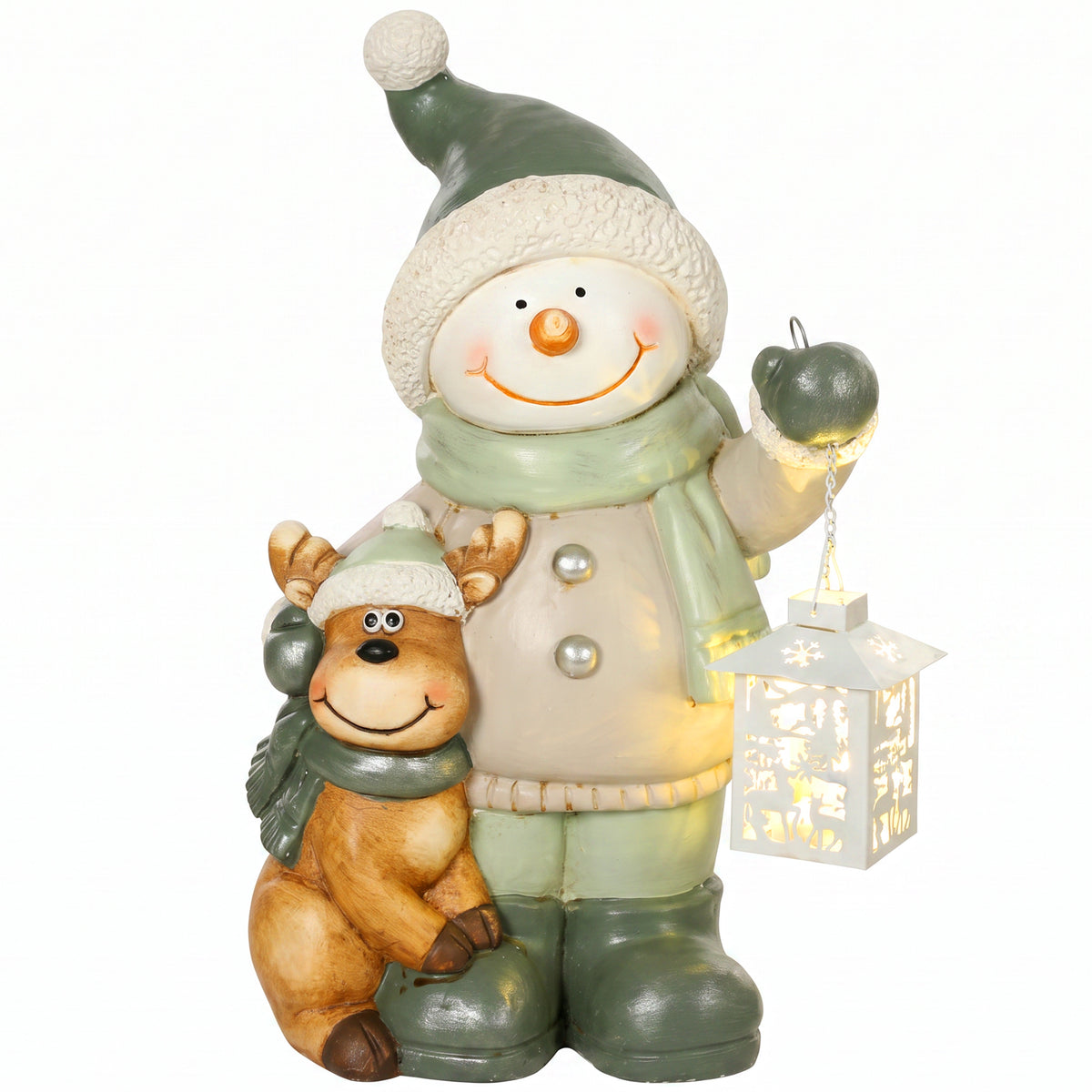 Snowman figure 43 cm made of MGO with LED lantern and timer, for entrance and doorway areas