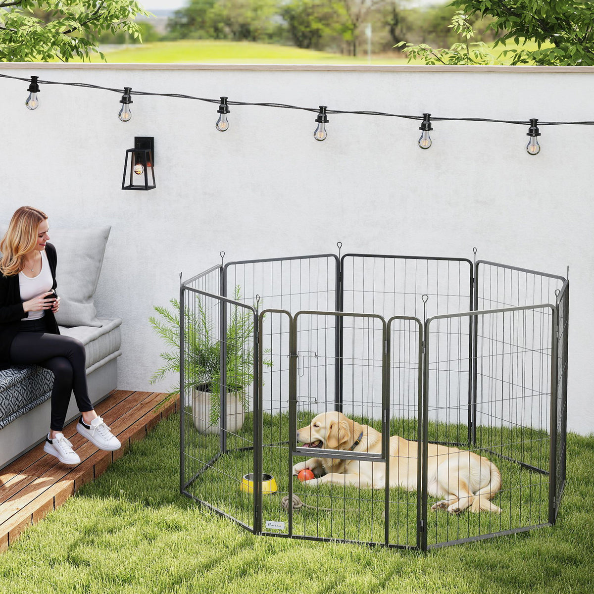 Puppy playpen, 8-sided, puppy run with 8 grid panels, door, ground anchors, flexible, foldable, 100cm high (2)