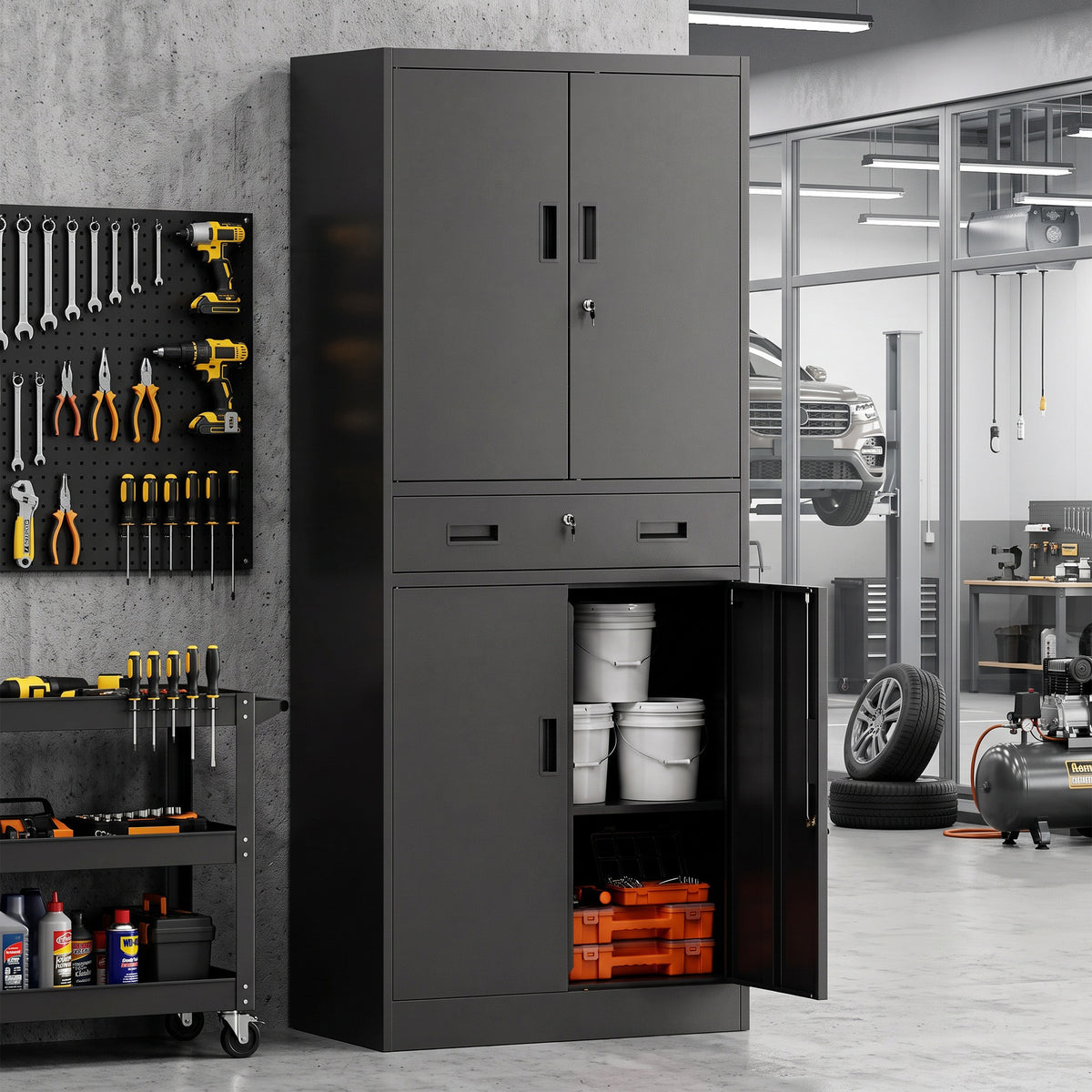 Metal cabinet 180 cm, tool cabinet with lockable doors, drawer and adjustable shelves, black (2)