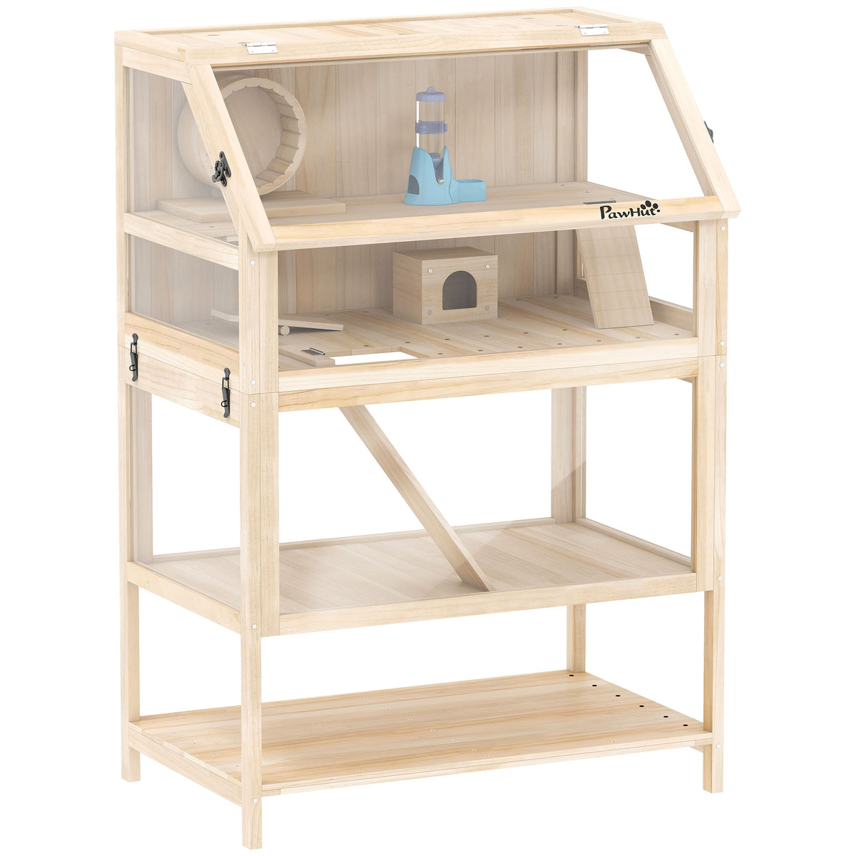 3-Tier Wooden Hamster Cage Rodent Cage with Removable Tray, Shelf, Exercise Wheel, Seesaw, Ramp, and House