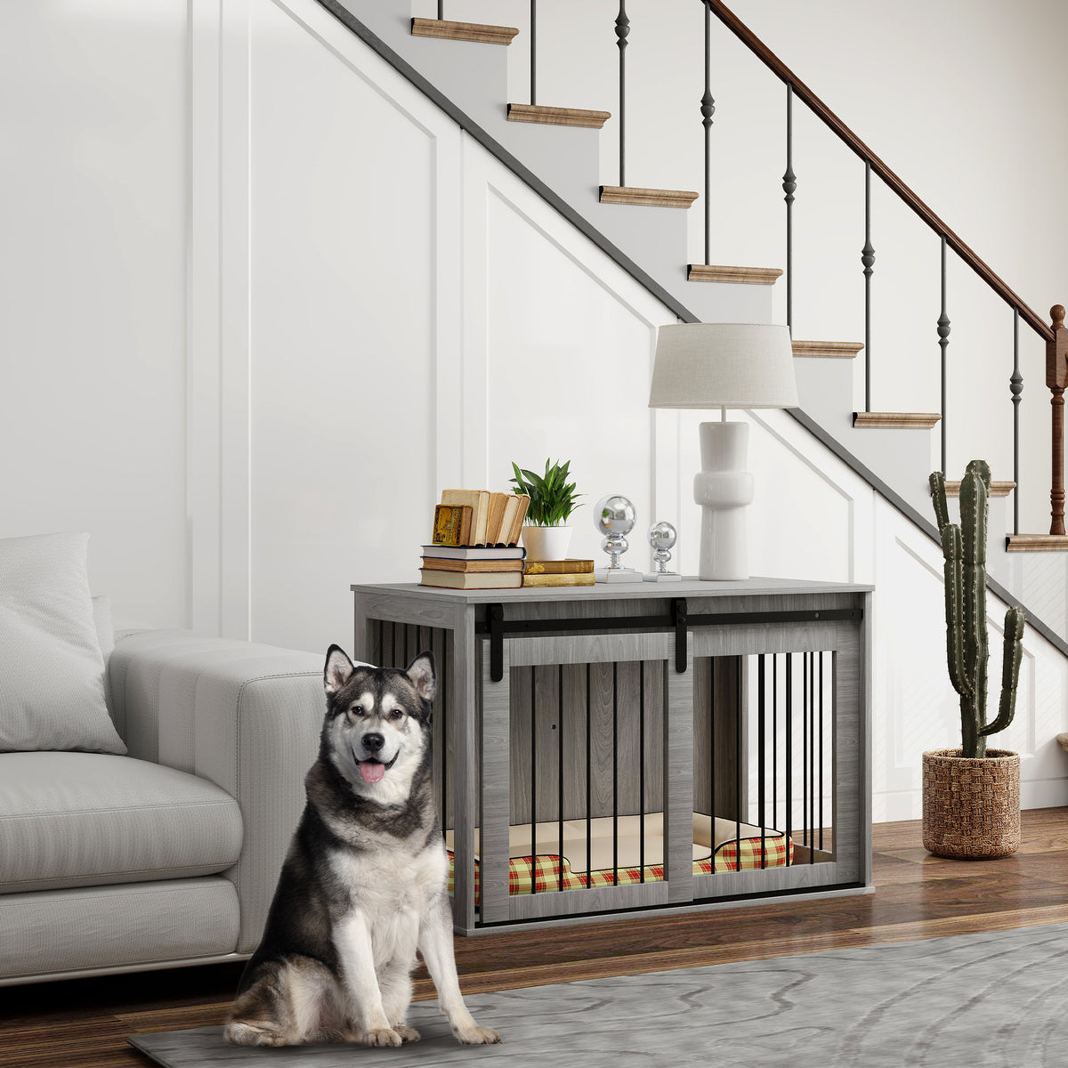 Dog crate with sliding door, ventilation, chipboard and steel, 98 x 58 x 61 cm, grey (2)