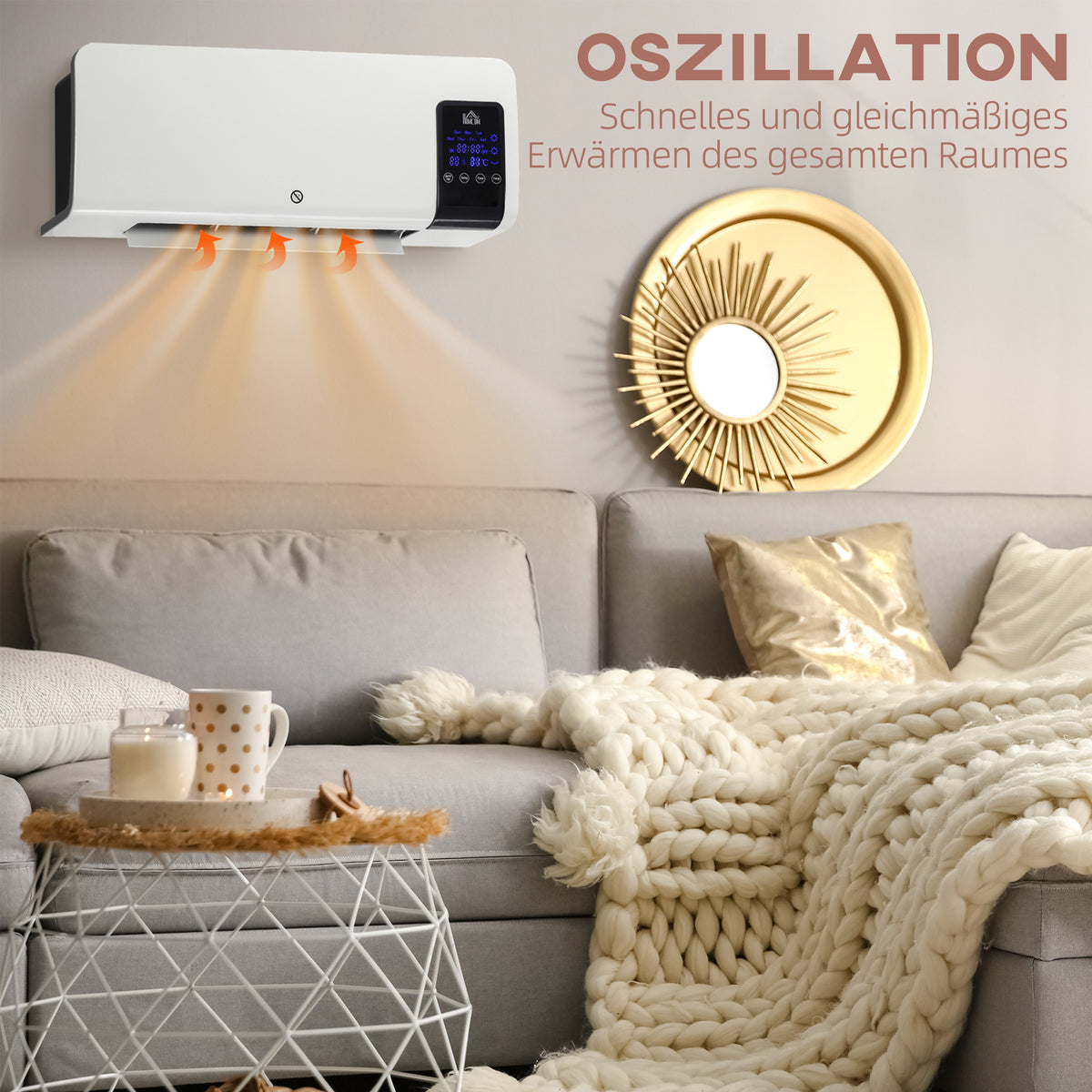 Electric heater, wall-mounted, oscillation function, 2 modes, timer, LED display, white (7)