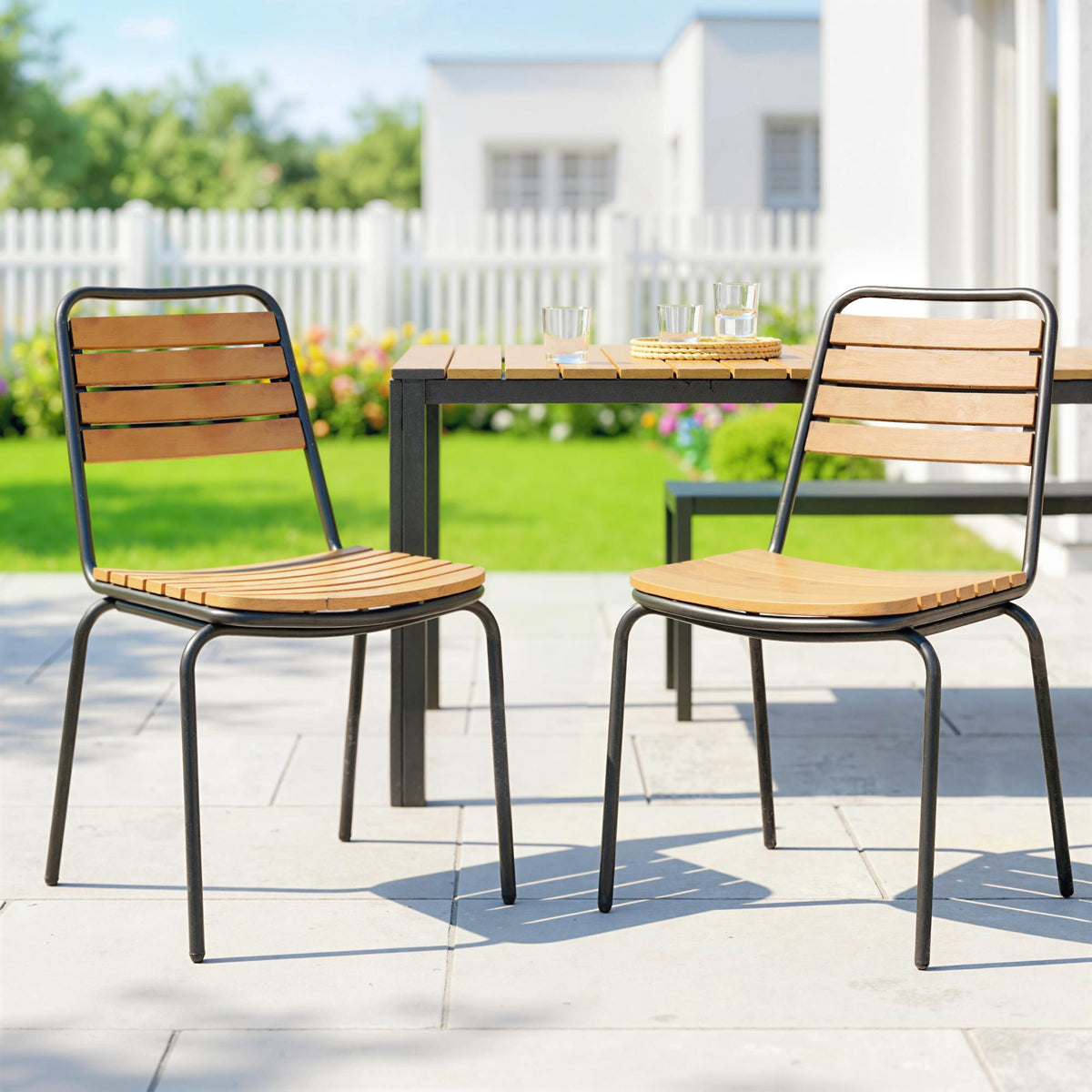 Set of 2 weather-resistant garden chairs, steel and wood garden chairs, stackable chair with backrest, load (2)