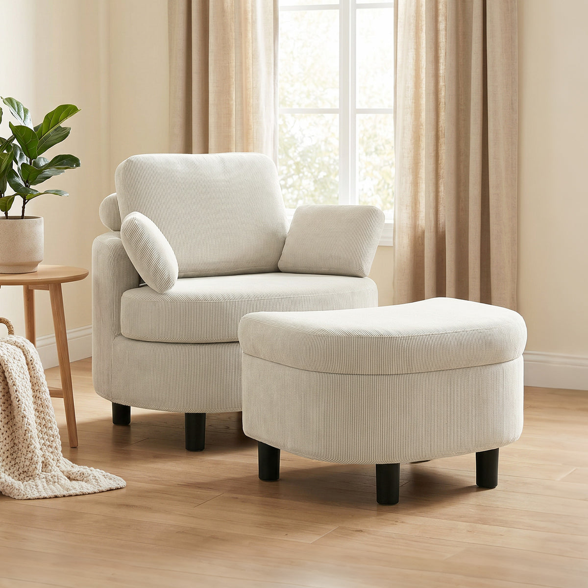 Armchair with storage ottoman, corduroy upholstery, wraparound reading chair with adjustable headrest, wide seat (2)