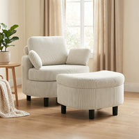 Armchair with storage ottoman, corduroy upholstery, wraparound reading chair with adjustable headrest, wide seat (2)