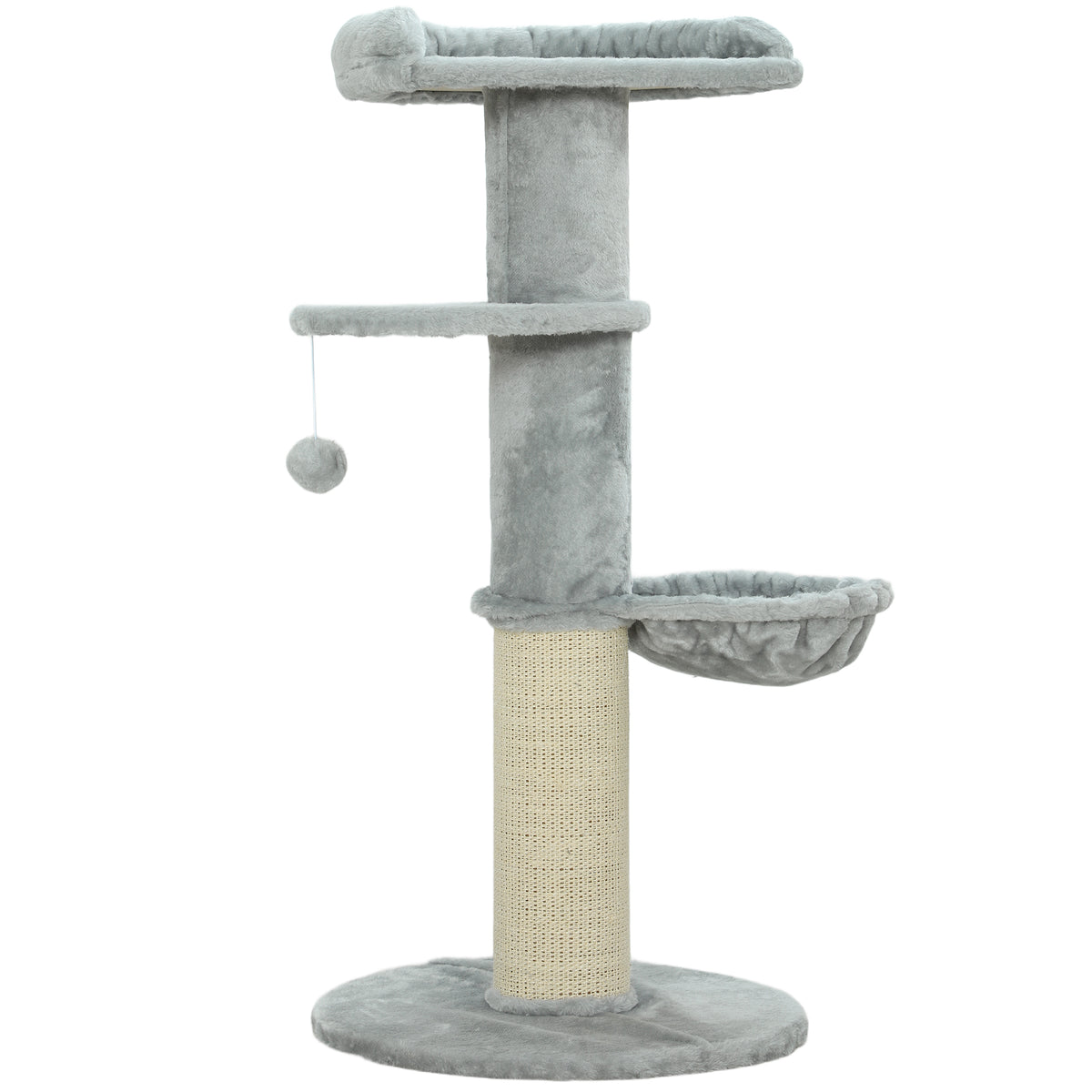 Cat scratching tree, sisal posts, multi-level, plush fabric, hanging ball, light gray