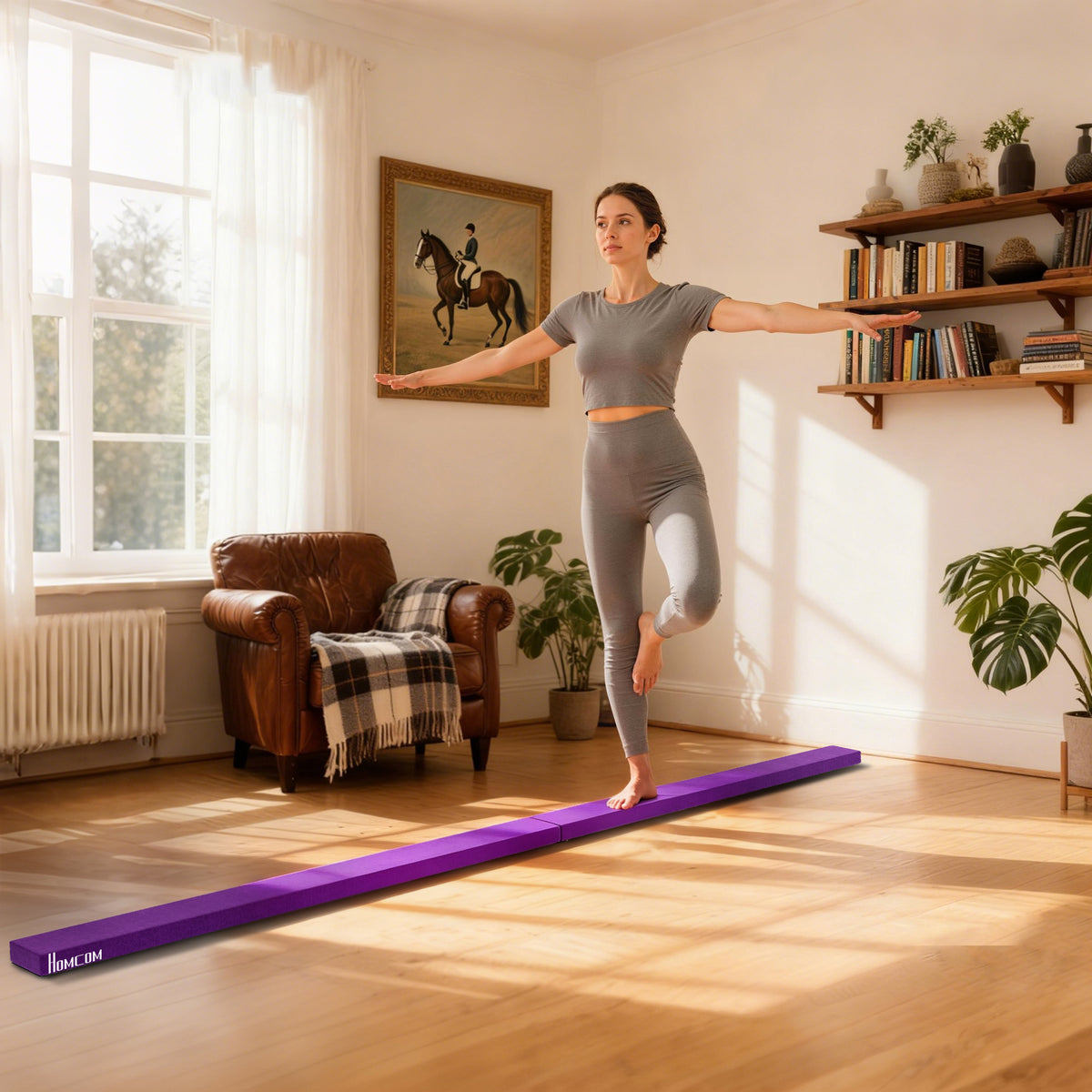 Foldable balance beam, non-slip, suede cover, sturdy wood, 210 x 10 x 6.5 cm, purple (2)