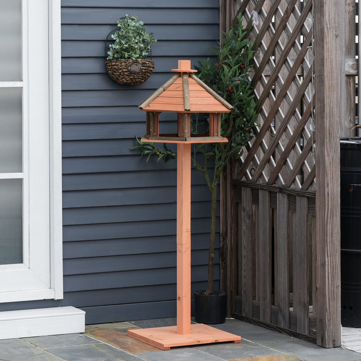 Bird house with stand, weatherproof bird feeder with weatherproof roof, wooden feeding station for wild birds (2)