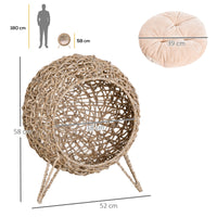 Rattan cat house with cushion, cat bed, cat cave with raised feet, natural, Ø52 x 58 cm (3)