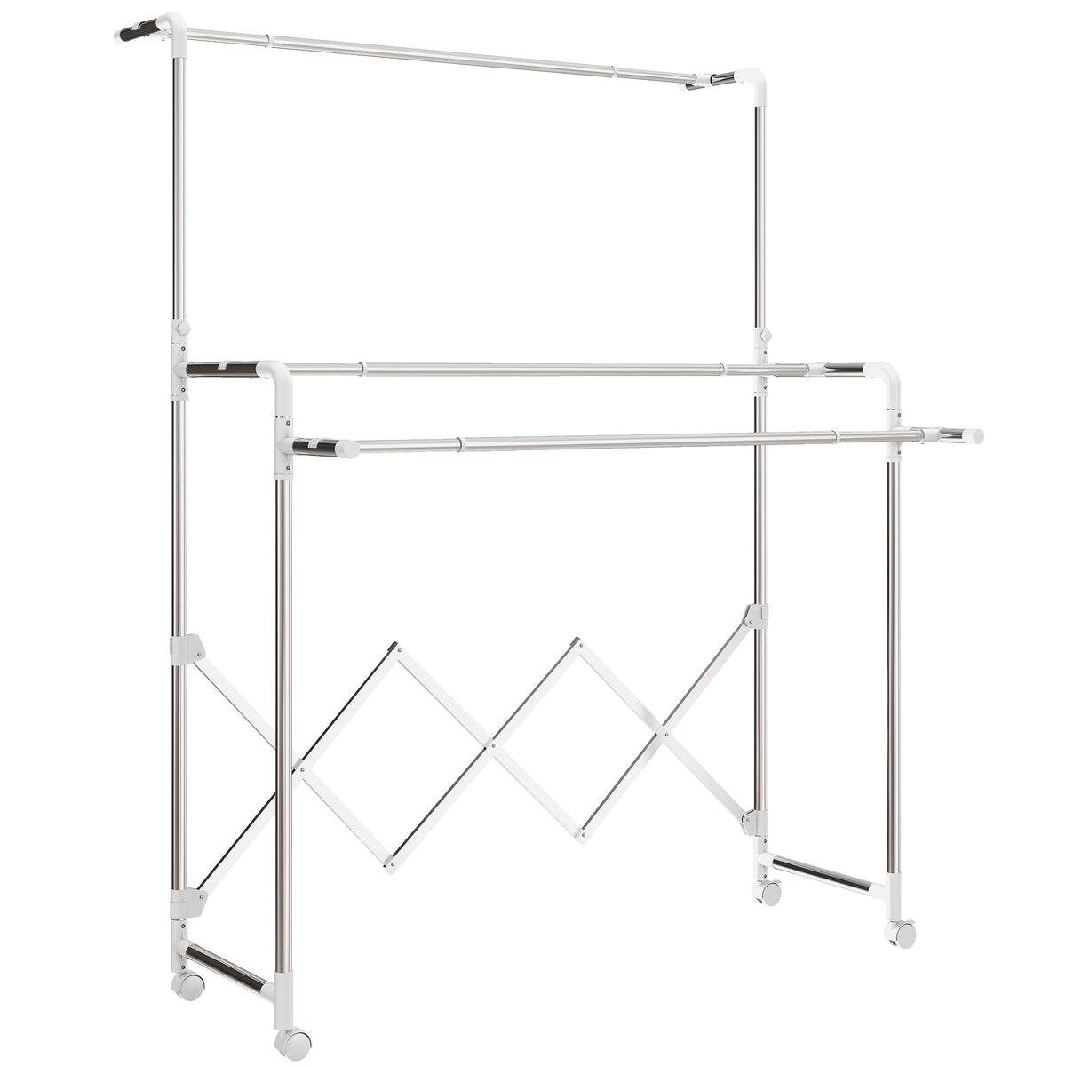 Clothes drying rack, foldable floor dryer with 3 adjustable levels, stainless steel tower dryer on wheels