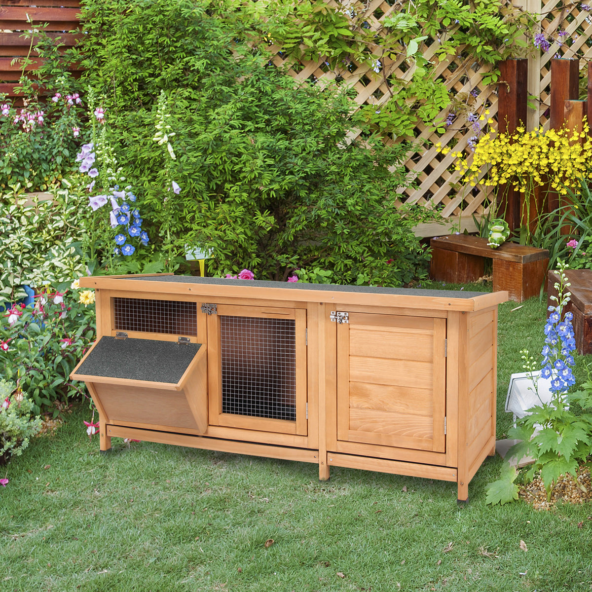 Rabbit Hutch Winterproof Wooden Rabbit Cage 112x50x54 cm Rabbit Cage with Bitumen Roof, 2 Doors, Metal Mesh (2)