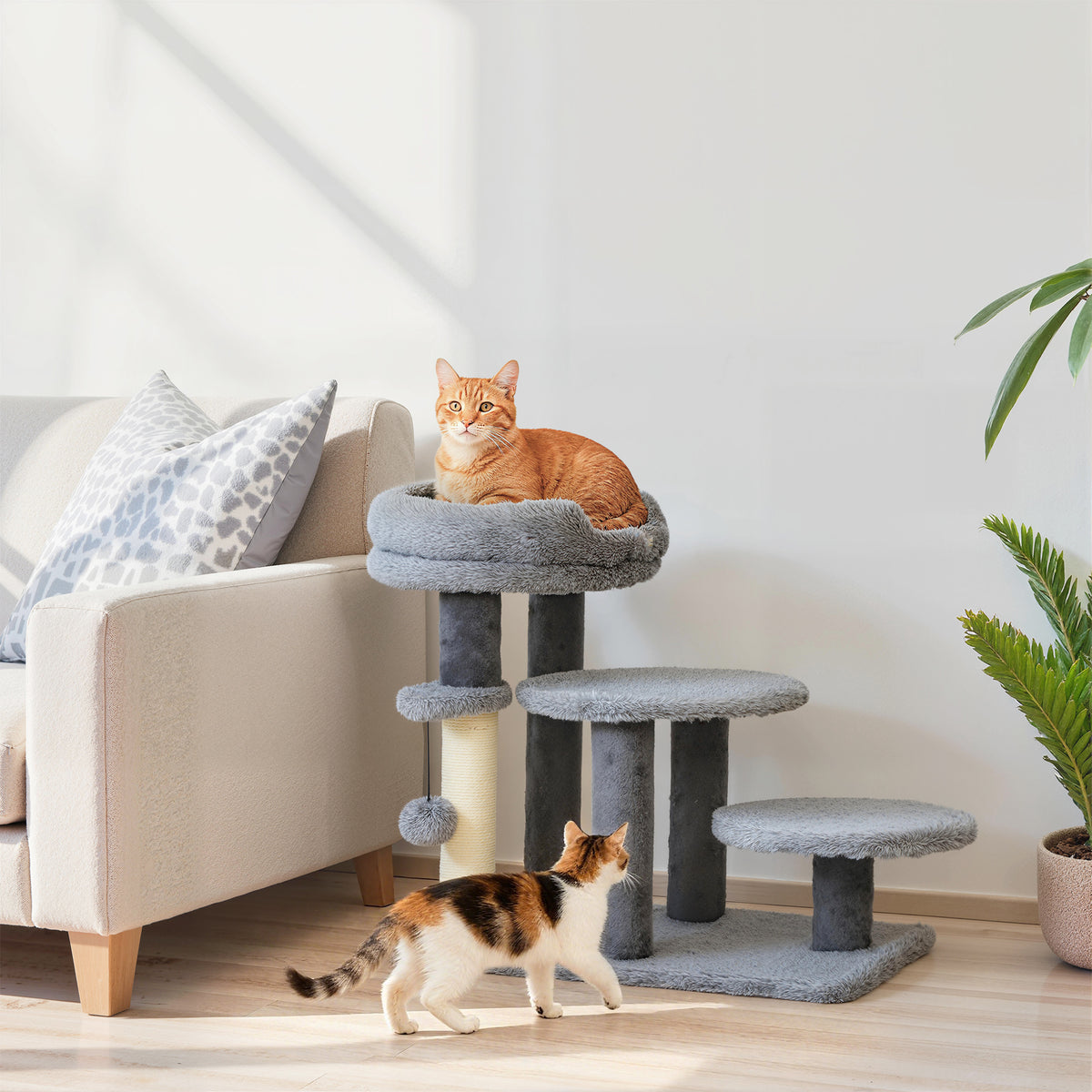 Cat tree and cat ladder, wide base, plush fabric, sisal scratching post, grey (2)