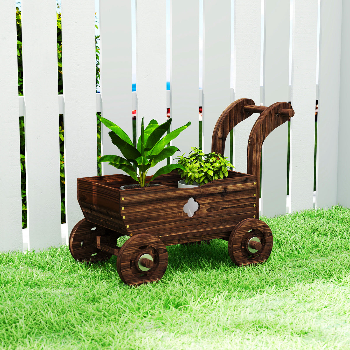 Wooden Raised Bed, Wagon-Style Planter Box Cold Frame with 4 Wheels and Handle Garden Bed 68 x 38 x 52cm (2)