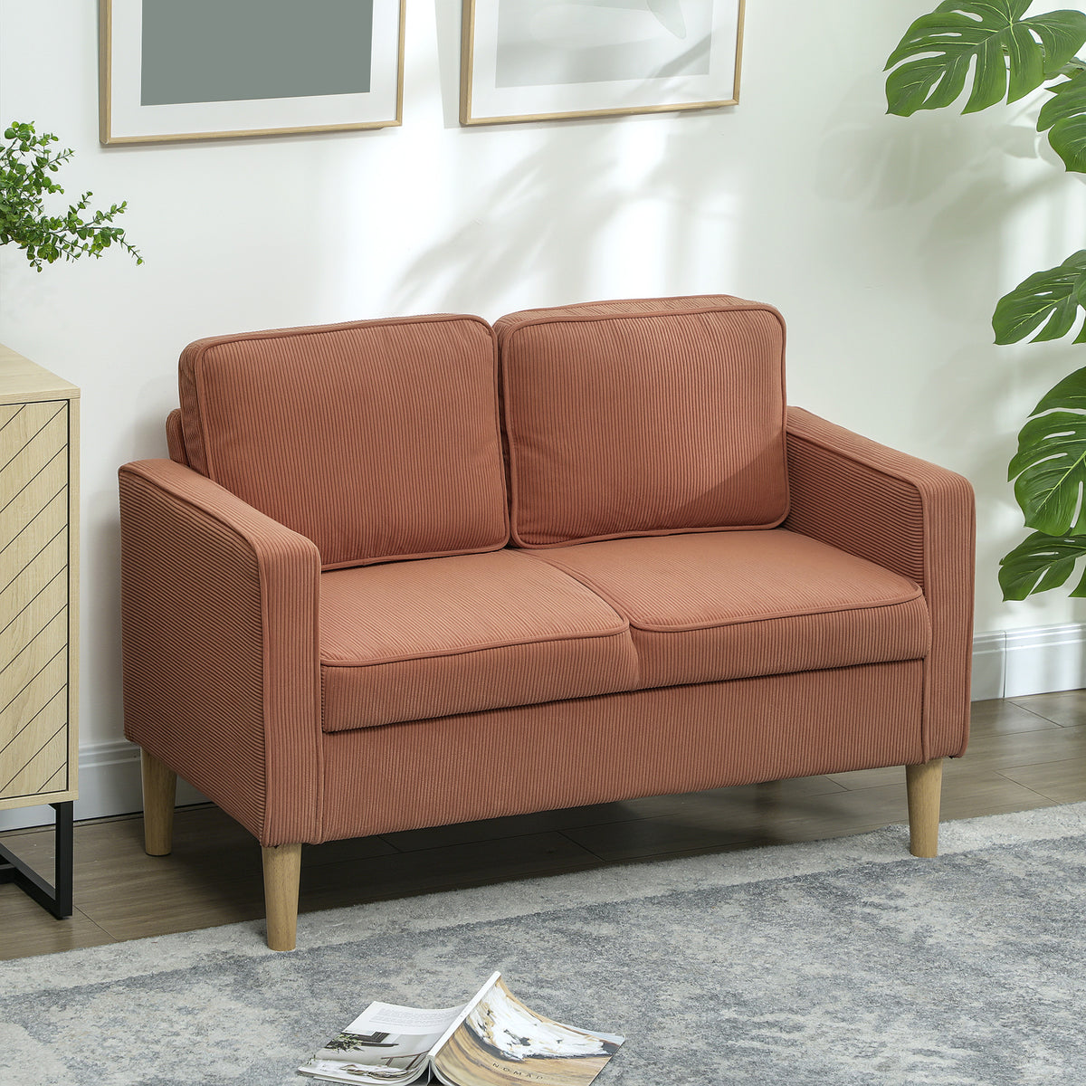 Two-seater sofa with storage space and solid wooden legs, for living room, bedroom, 117 x 63 x 79 cm, orange (2)
