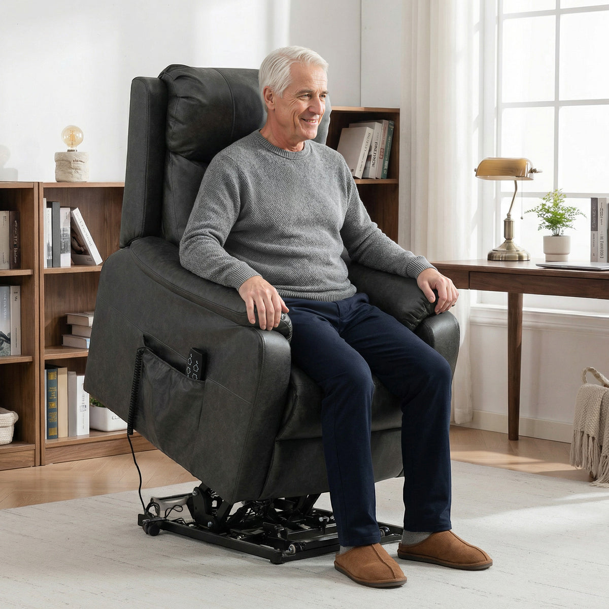 Lift and Recline Chairs for Seniors, Electric Faux Leather Lift Chair with Dual Motor, Spring Cushions, Black (2)