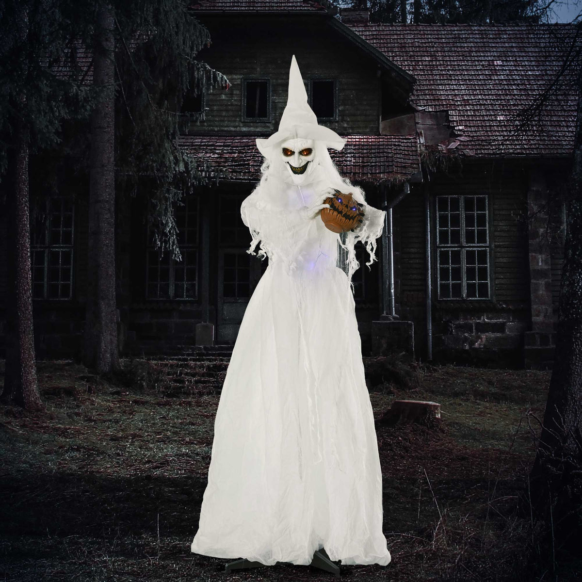189 cm White Witch with Pumpkin Head, life-size Halloween outdoor decoration (2)