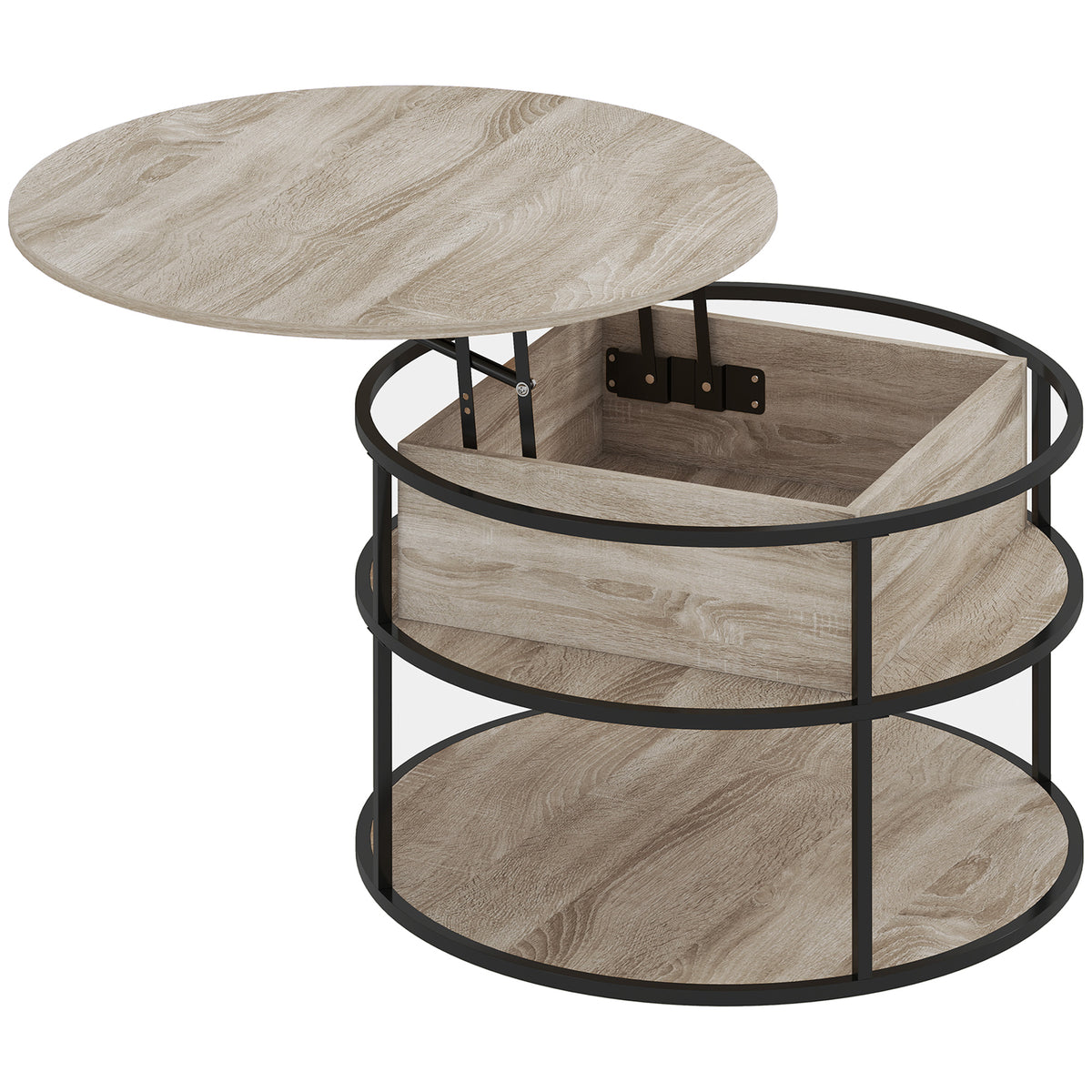 Round coffee table with lift-top, storage space, side shelves, steel frame, coffee table, oak