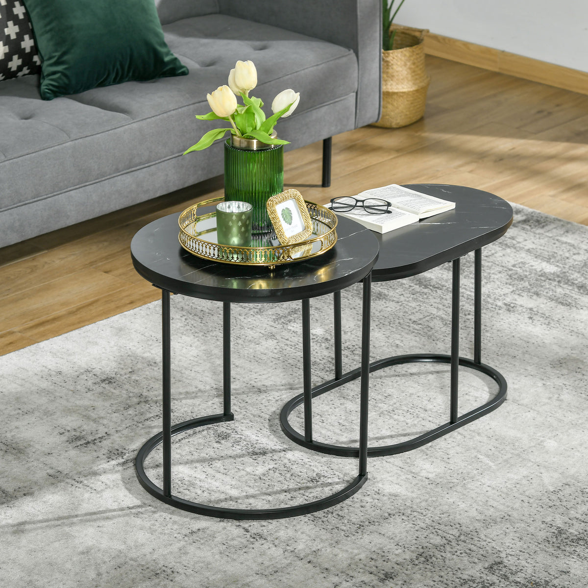 2-piece coffee table set, oval and round coffee table, stackable, marble look, MDF, metal, Ø50 x 50.5H cm, black