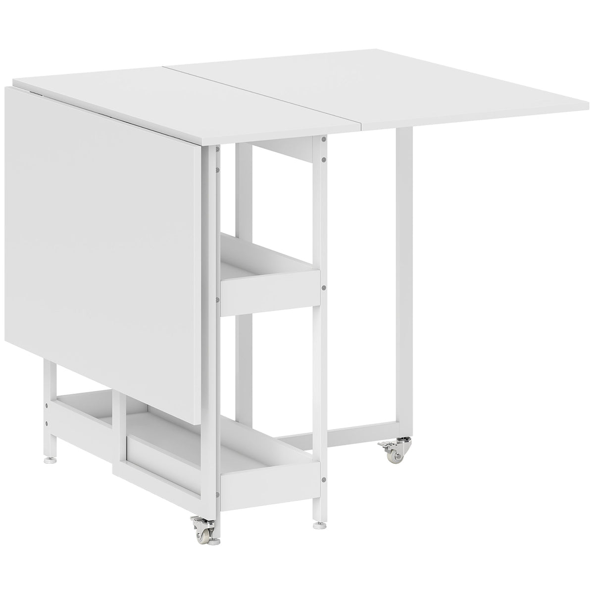 Foldable dining table in industrial design, for up to 4 people, open shelves, flexible, metal, chipboard, white
