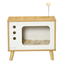TV-design cat cave incl. toy, washable cushion, 50 cm x 28 cm x 43 cm, oak + beige + white (10)