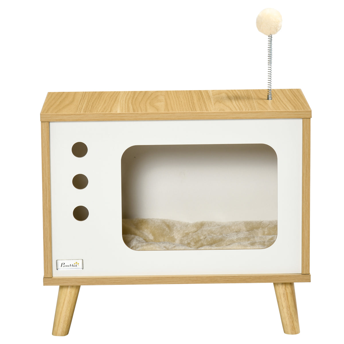 TV-design cat cave incl. toy, washable cushion, 50 cm x 28 cm x 43 cm, oak + beige + white (10)