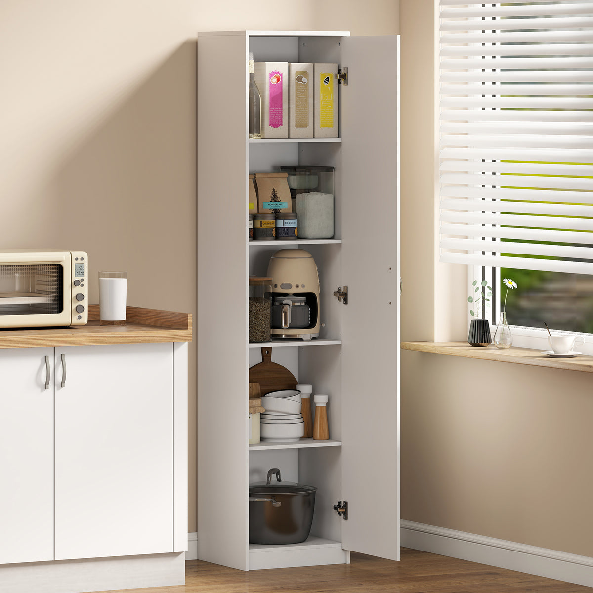 Kitchen cabinet, 5-tier storage cabinet, adjustable shelves, for living room, kitchen, pantry, wood, white (2)
