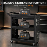 Tool trolley with lockable casters, rolling workshop cart with 3 tiers, drawer and pegboards, black (4)