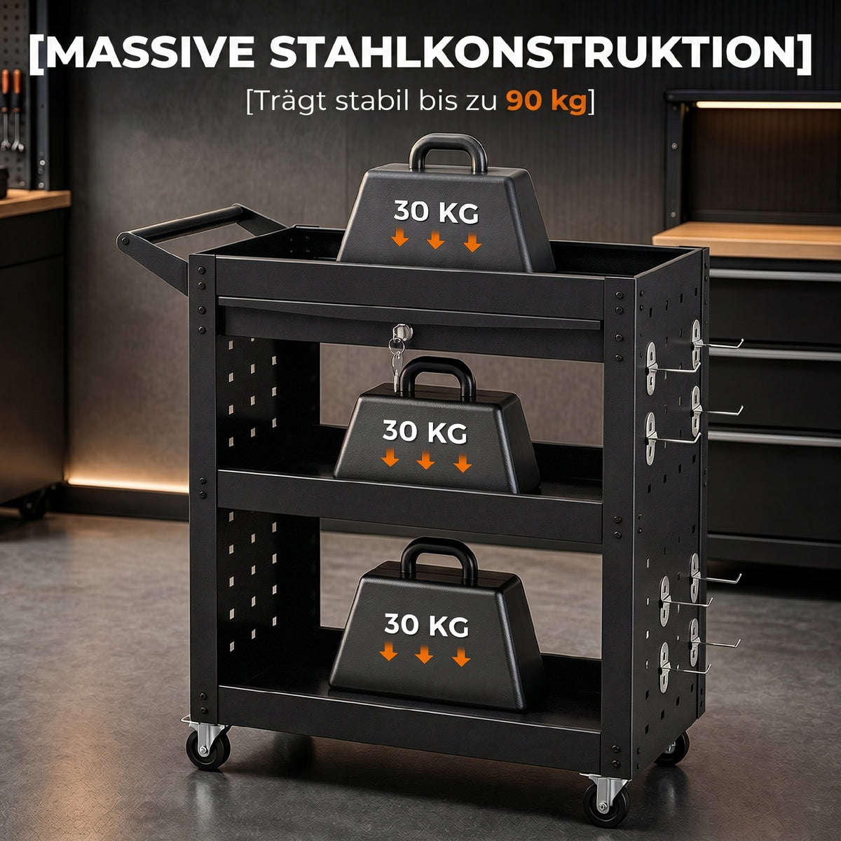Tool trolley with lockable casters, rolling workshop cart with 3 tiers, drawer and pegboards, black (4)