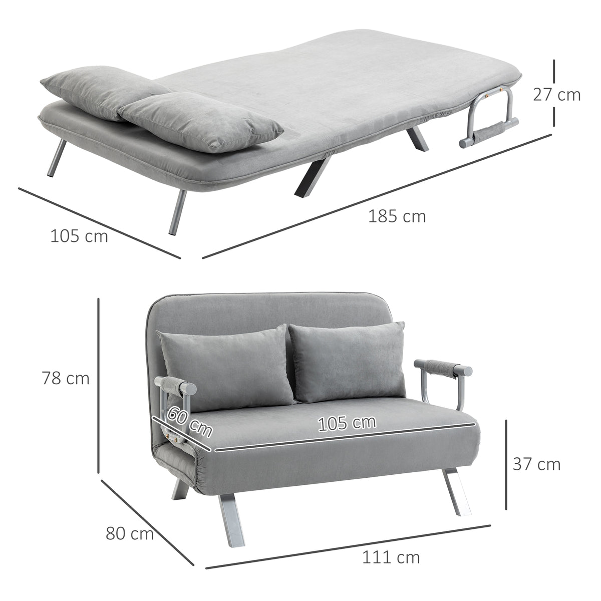Sofa bed, double sofa, guest bed, including 2 cushions, gray (3)
