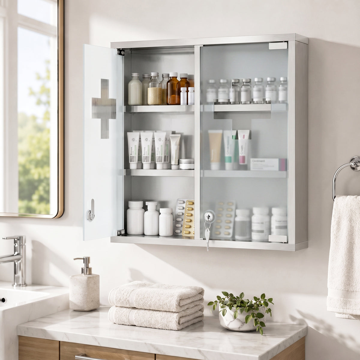 Medicine cabinet, lockable medication cabinet with 2 keys, glass door and 6 shelves, 48 x 46 x 12 cm, silver (2)