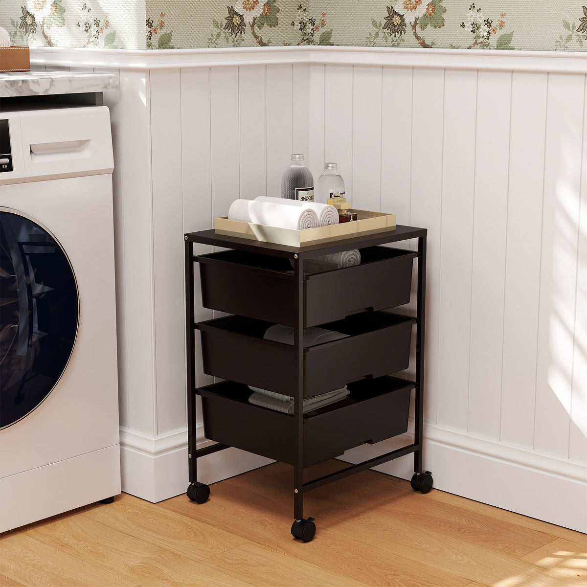 Rolling utility cart with wheels, 3 baskets for transport and storage, kitchen trolley, 40.8L x 33.5W x 60.5H cm (2)