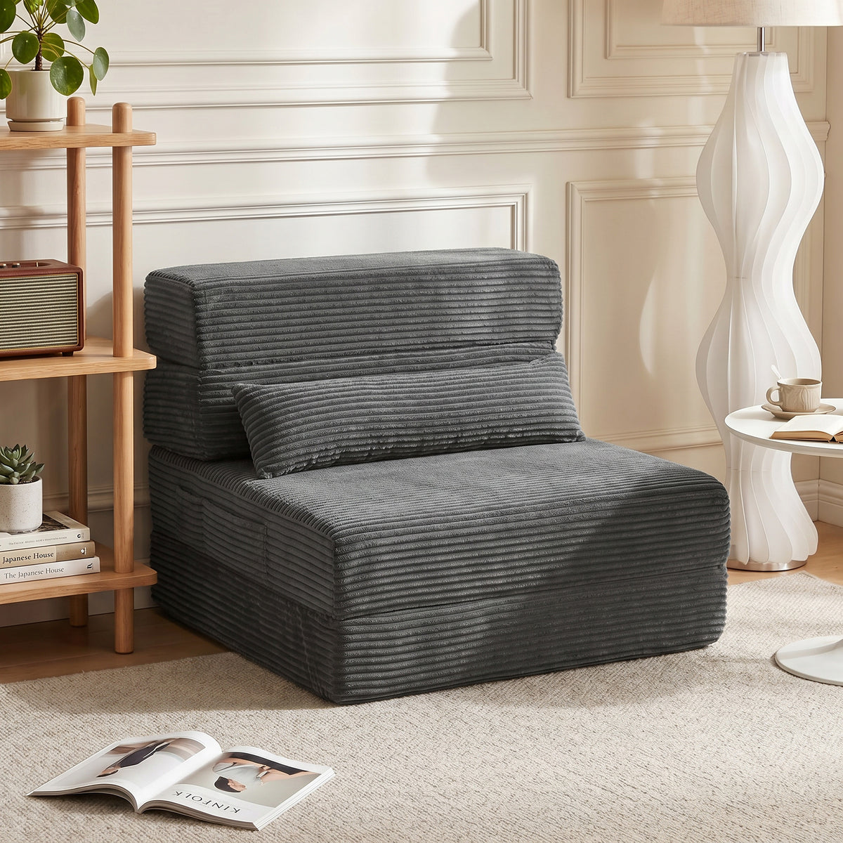 Floor chair with back support, cord boneless cloud foldable sofa bed with thick padding, dark gray (2)
