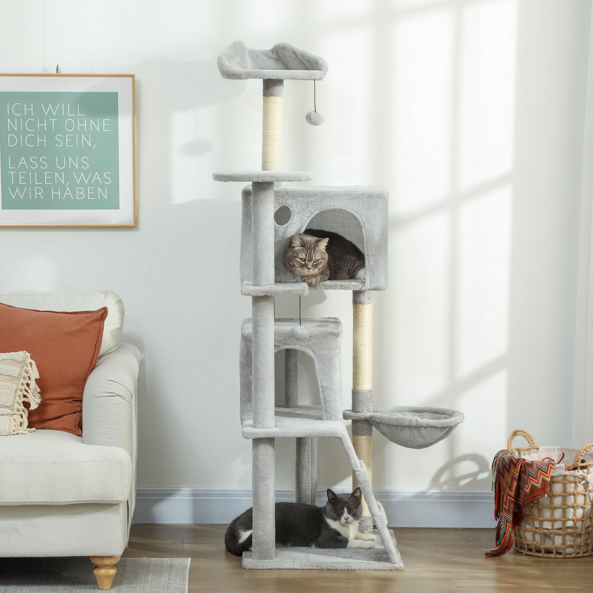 160 cm cat tree, multiple levels, sisal scratching posts, caves, plush platforms, hammock, ladder, play balls (2)
