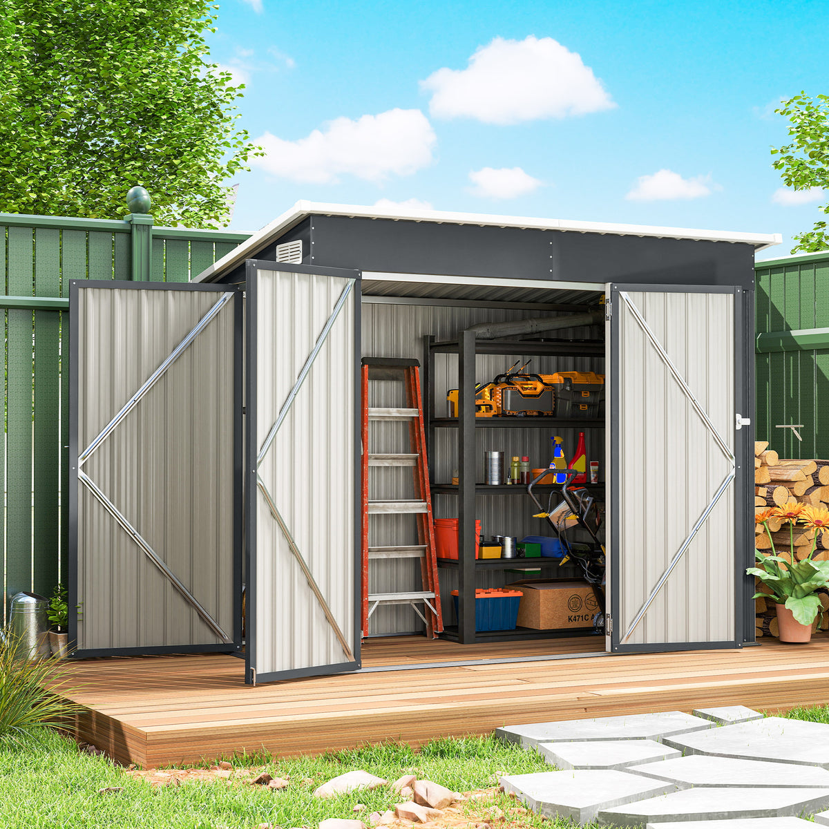Metal tool shed 2.68 m², lockable garden shed with 3 doors, ventilation, pent roof, gloves (2)