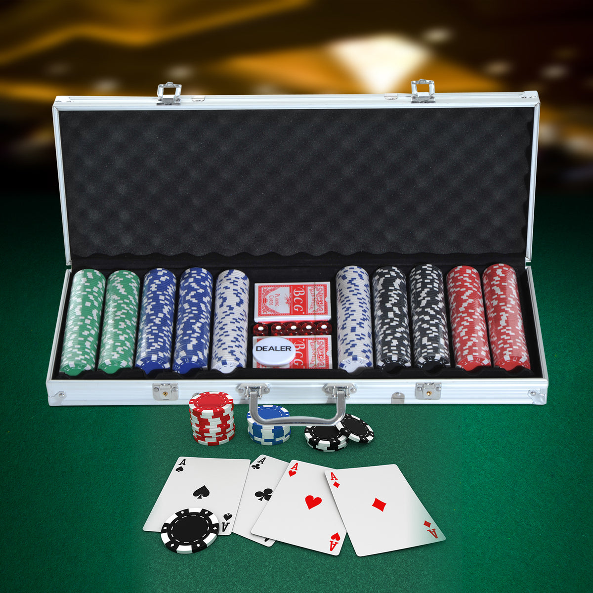 Poker set, 500 chips, 2 decks of cards, 5 dice, aluminium case, lockable (2)