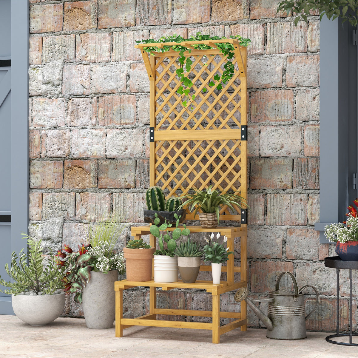 Plant stand, flower shelf, 2 tiers, with trellis & roof, fir wood, 60x50x166cm, yellow (2)