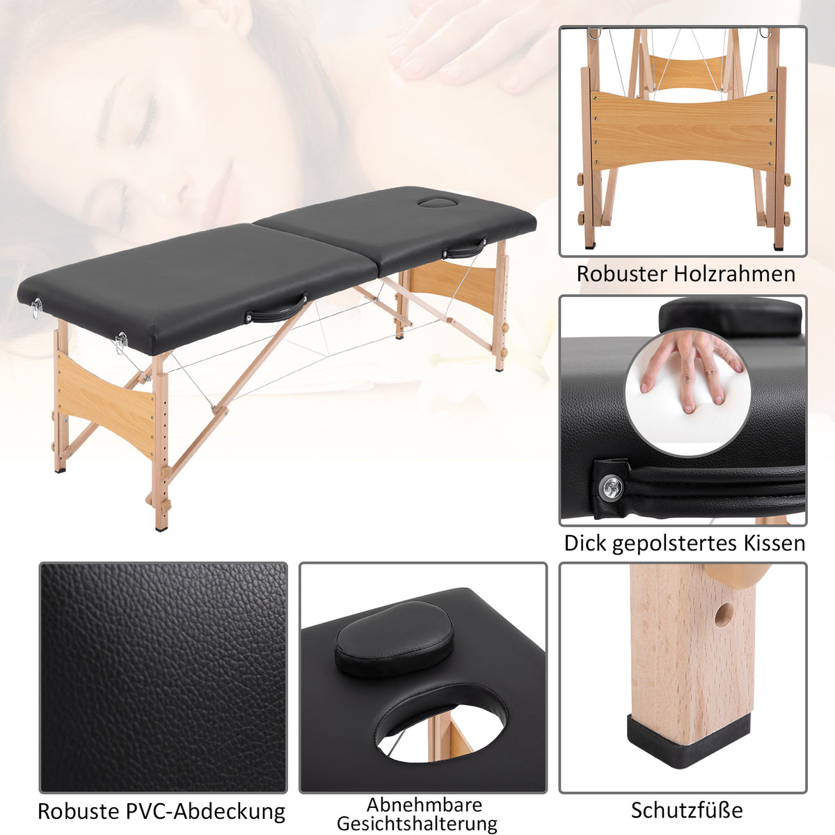 Portable Massage Table 2-Zone Foldable Height-Adjustable Massage Bed 60 cm Wide with Carrying Case Wooden Legs (5)