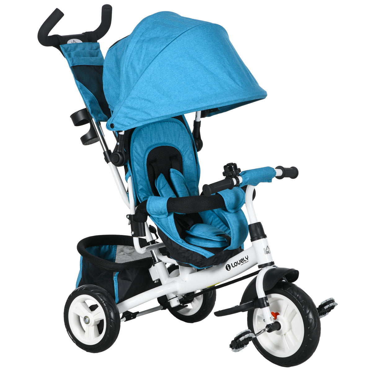 Children's tricycle, children's bicycle, rear basket, cup holder, sun canopy, metal, blue