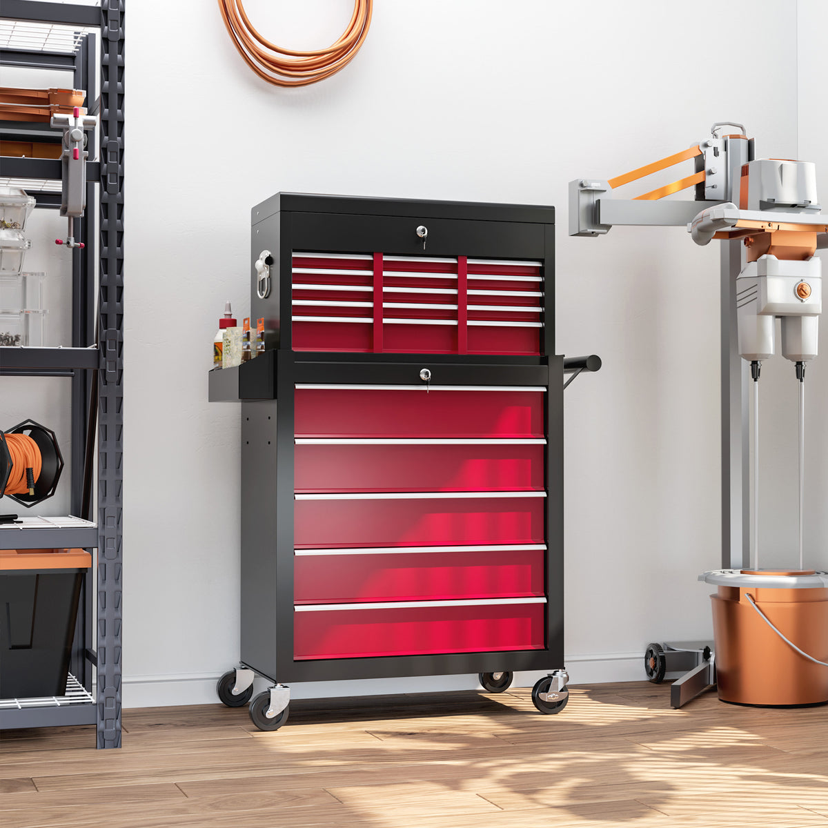 Tool trolley, two-piece, lockable, 14 drawers, perforated wall, steel, red (2)