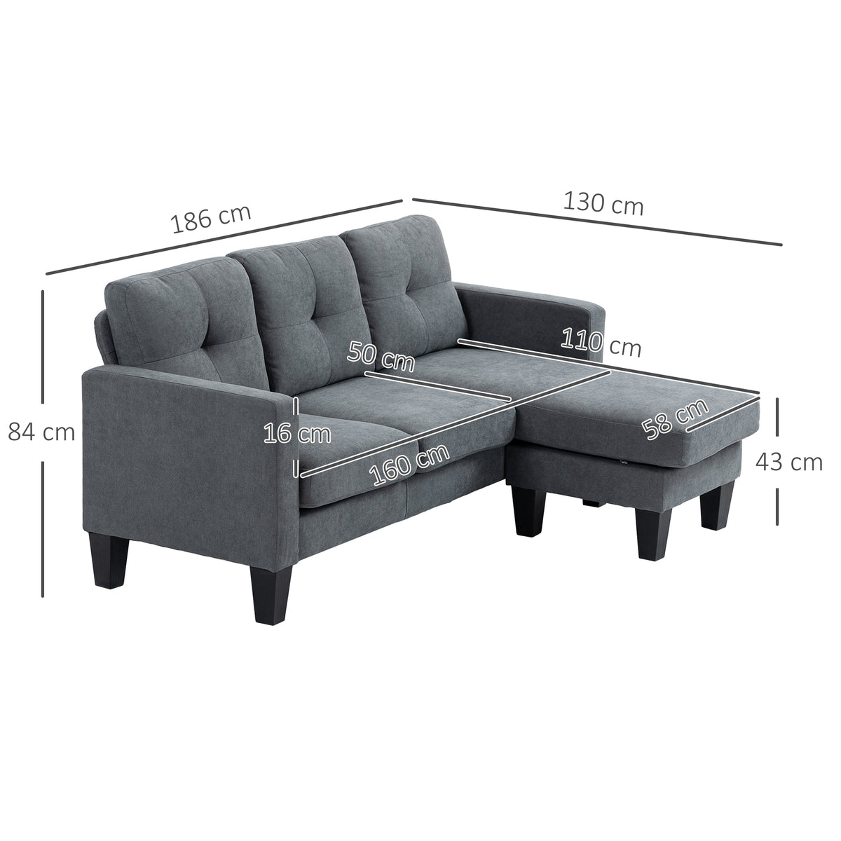 L-shaped corner sofa, reversible chaise longue, upholstered sofa, dark grey (3)