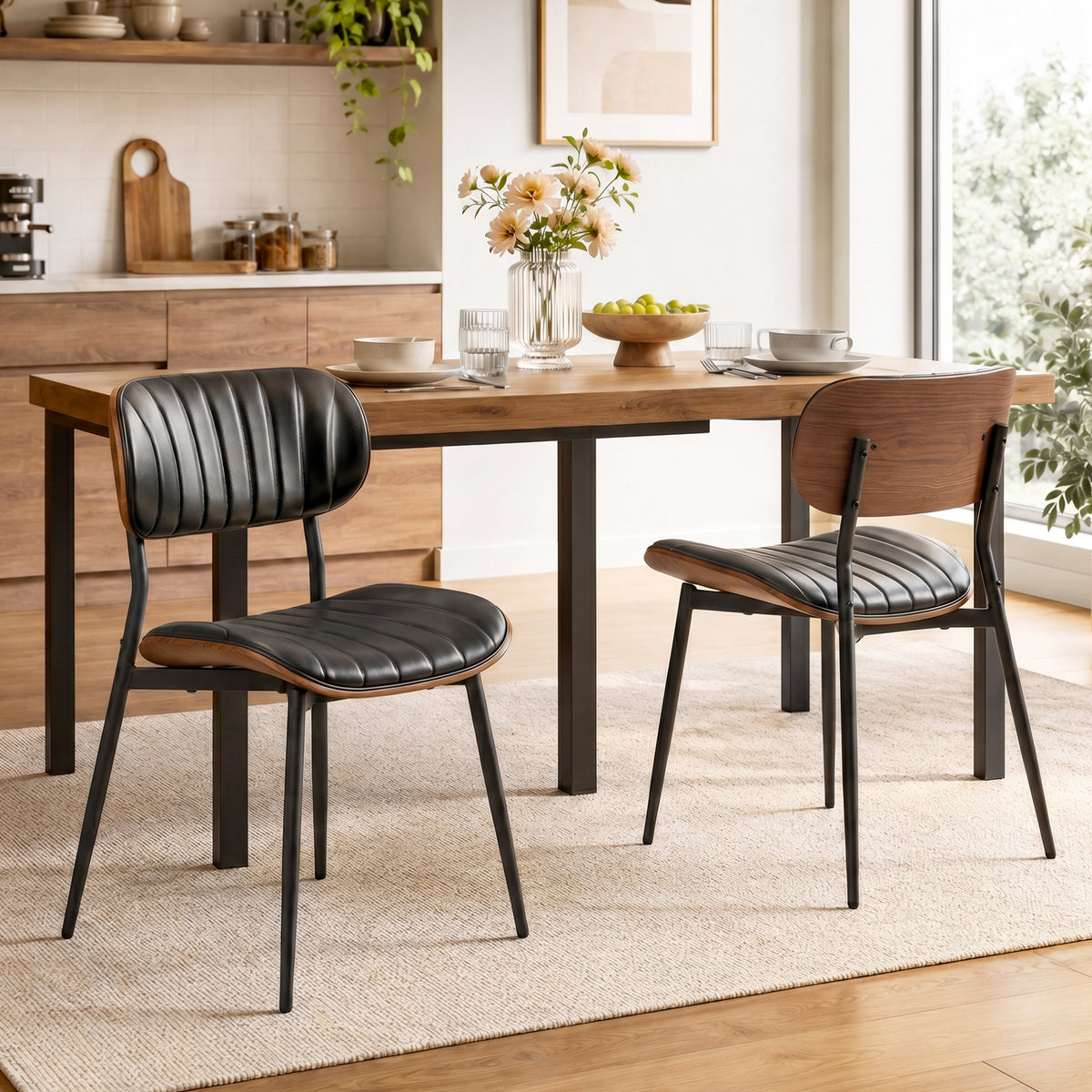 Dining Chairs Set of 2 Kitchen Chairs Modern Upholstered Chair with Faux Leather Seat, Curved Backrest (2)